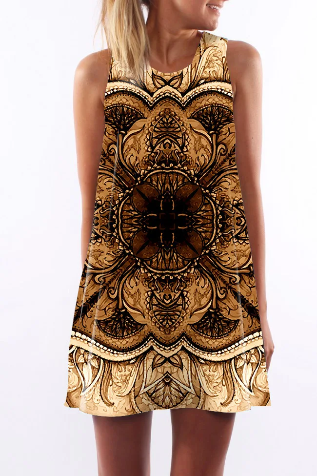 2018 Summer Dress Women Floral Print Polyester Dress Sleeveless Boho Style Short Beach Dress Sundress Casual Shift Dresses (110)