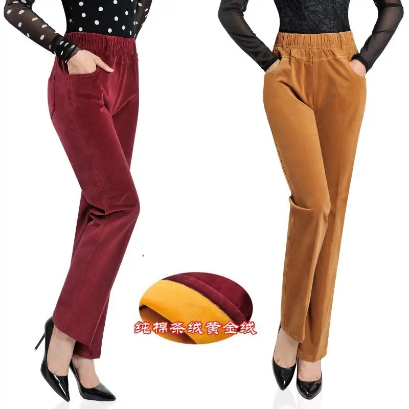 

Free Shipping Promotion Women winter Worm Plus Velvet Corduroy Straight Pants Ladys Fleece High Waist Long Trousers Size XL-6XL