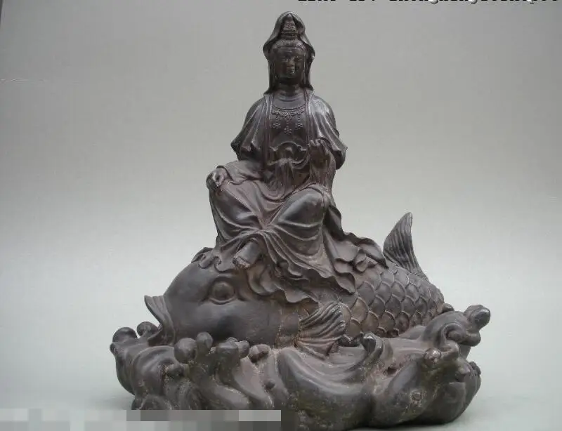 

S06750 11"China Folk Fane bsolute pure Bronze Kwan-Yin Ride Fish Lucky Buddha Statue