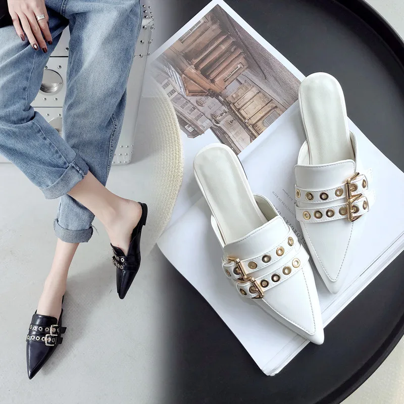 

Pointed Flat half slippers women closed toe metal belt buckle mules shoes big size 43 summer slides female microfiber flip flops