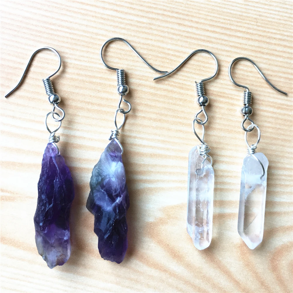 

Simple Design Boho Yoga Natural Amethysts Clear Quartz Crystal Stone Raw Ore Dangle Earring Irregular Shipping Jewelry 10PCS