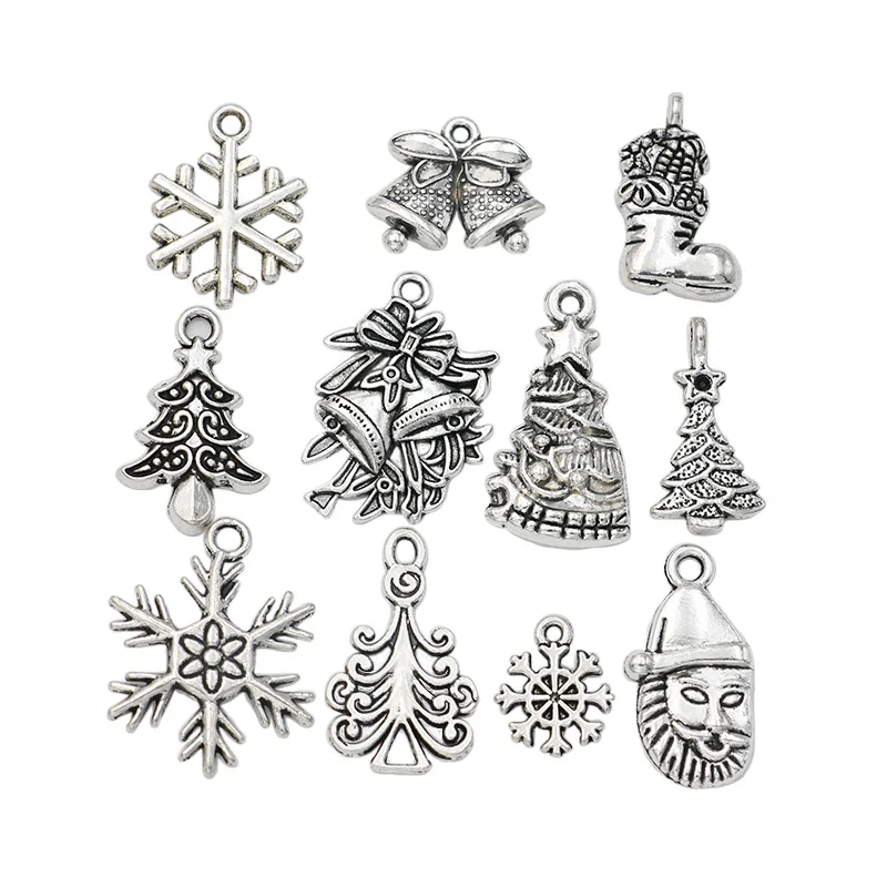 KJjewel Antique Silver Plated Christmas Tree Bow Snowflake Charms