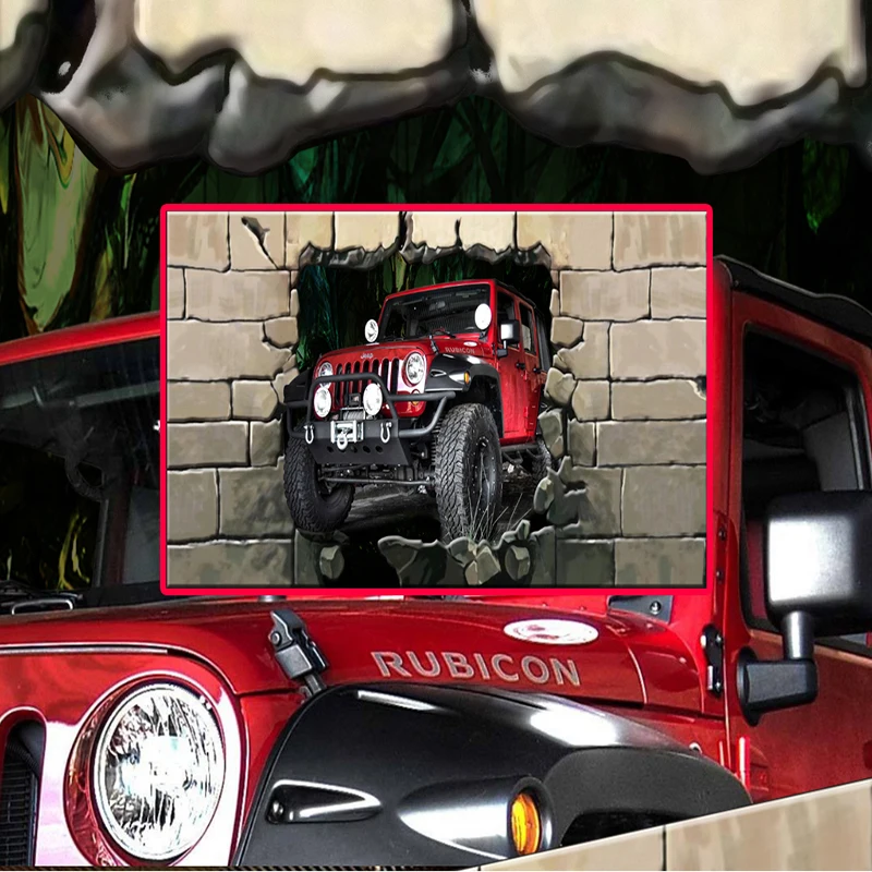 3D обои современный мультфильм красный автомобиль сломанная стена фото фрески