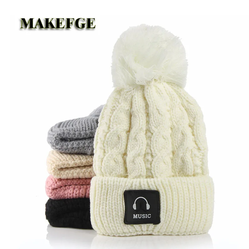 

Winter Wool Hat Women's Hat Winter Women's Warm Hat pom winter hats for women Knitted  Pompon Music posted cap