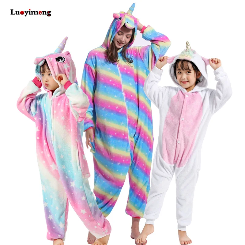 

Boys Girls Flannel Kigurumi Unicorn Pajamas Winter Panda Pyjamas Kids Adults Animal Onesie Cartoon Pijamas Sets Women Sleepwear