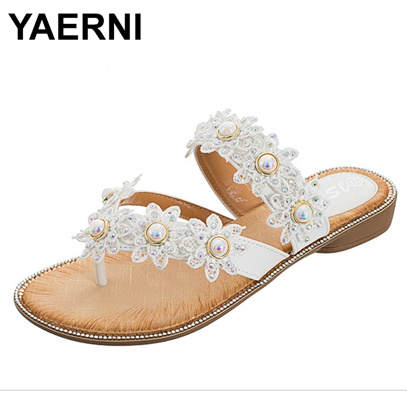 

YAERNI 2018 women slippers summer outside style white color slip on pearls BOXIMIYA style beaches flip flops women size 36-41
