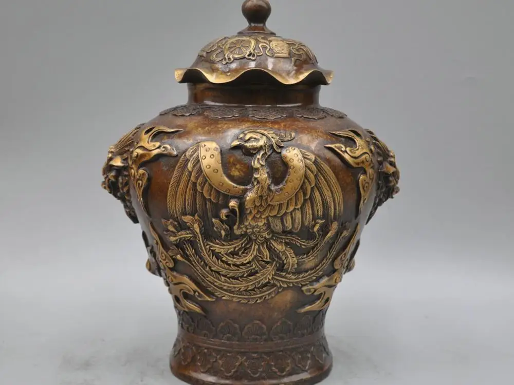 

12'' China Tibet General Vase Jar Carve Phoenix Dragon Beast Eight Symbols