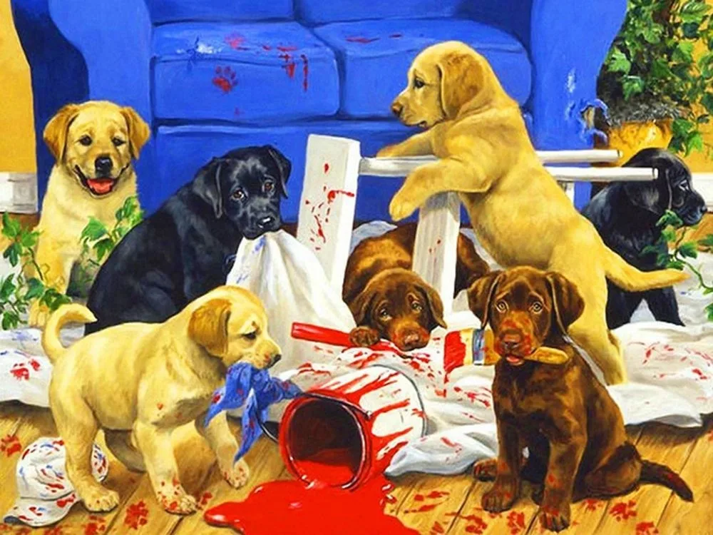 картина собака со щенятами. занятия со щенками. Linda picken художник. сюжетные картины. картина собака со щенятами.