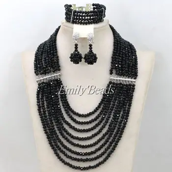 

African Women Holiday Gift Necklace Set Black Crystal Beads Nigerian Wedding Bridal Jewelry Sets 8 Rows Free Shipping AIJ694