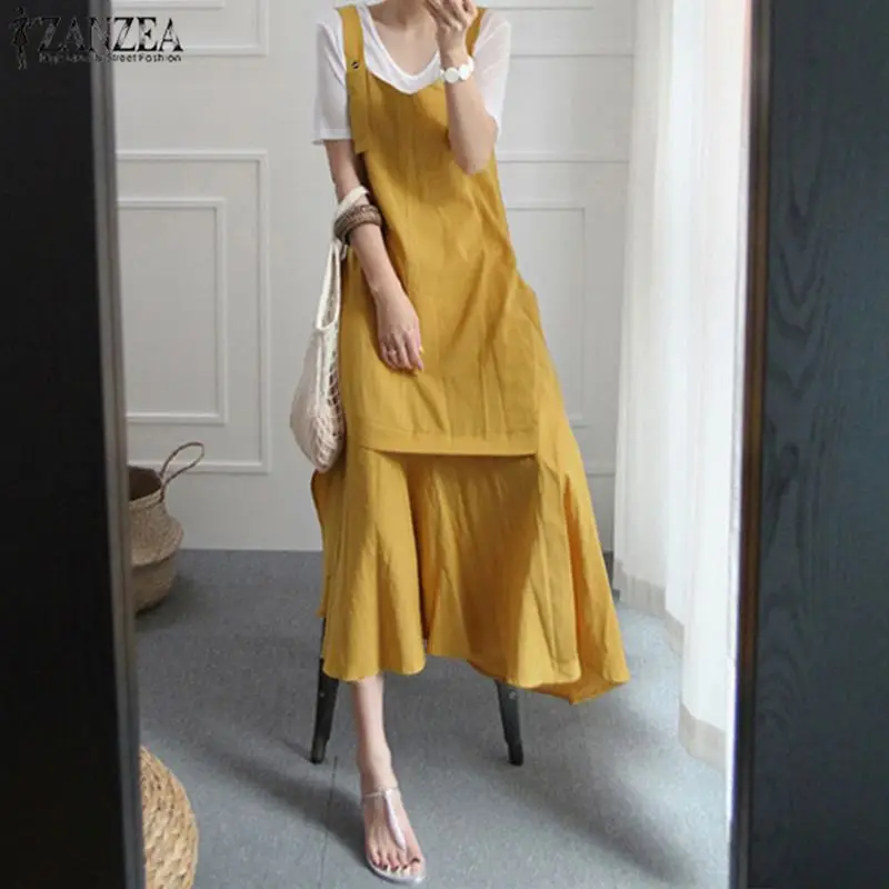 

2019 ZANZEA Fashion Ruffle Dress Women's Summer Dress Elegant Casual Suspender Vestidos Female Asymmetrical Beach Robe Femme 5XL