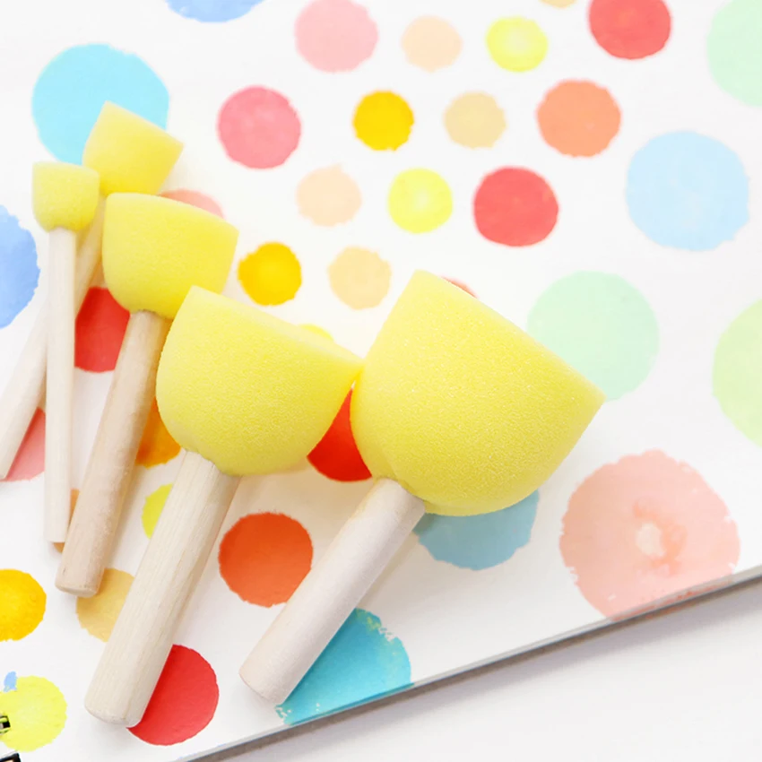 

5pcs/set Yellow Round Sponge Paint Brush Stamp Early Learning Kids DIY Graffiti Toy Wooden Handle Drawing Brush Painting Supply