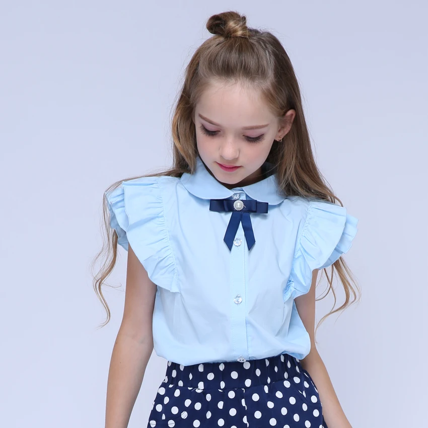  Kids Shirts for Girls Summer Petal Sleeve Blouses Child Solid Shirts School Girls Blue Tops 4 6 8 1