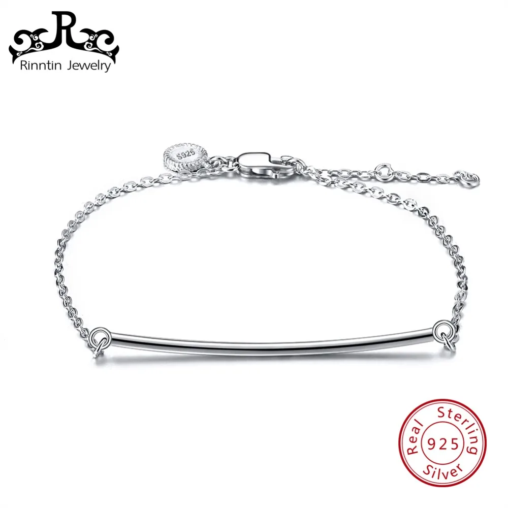 

Rinntin Pure 925 Sterling Silver Women Bracelets Bar Thin 19cm Custom Engraved Name Bracelet Personalized Female Jewelry TSB27