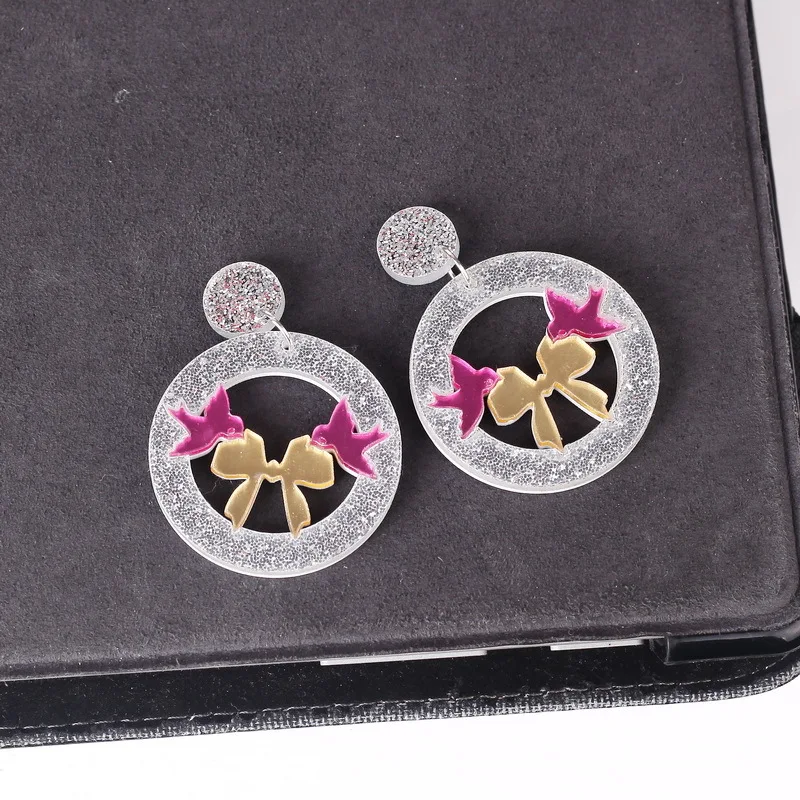 

Big Circle Geometric Hollow Out Pink Sallow Acrylic Drop Earrings Glitter Powder Bowknot Shining Lovely Drop Earrings for Women