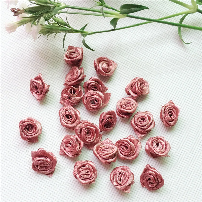 

100PCS 15MM Mini Handmade Satin Rose Ribbon Rose Fabric Flower Appliques For Wedding Decoration Craft Sewing Accessories
