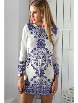

2020 Summer Mid-Waist Sexy O-neck New Dress Print Dress Hot Fashion Sexy Print Pencil Dress Blue And White Porcelain Dress
