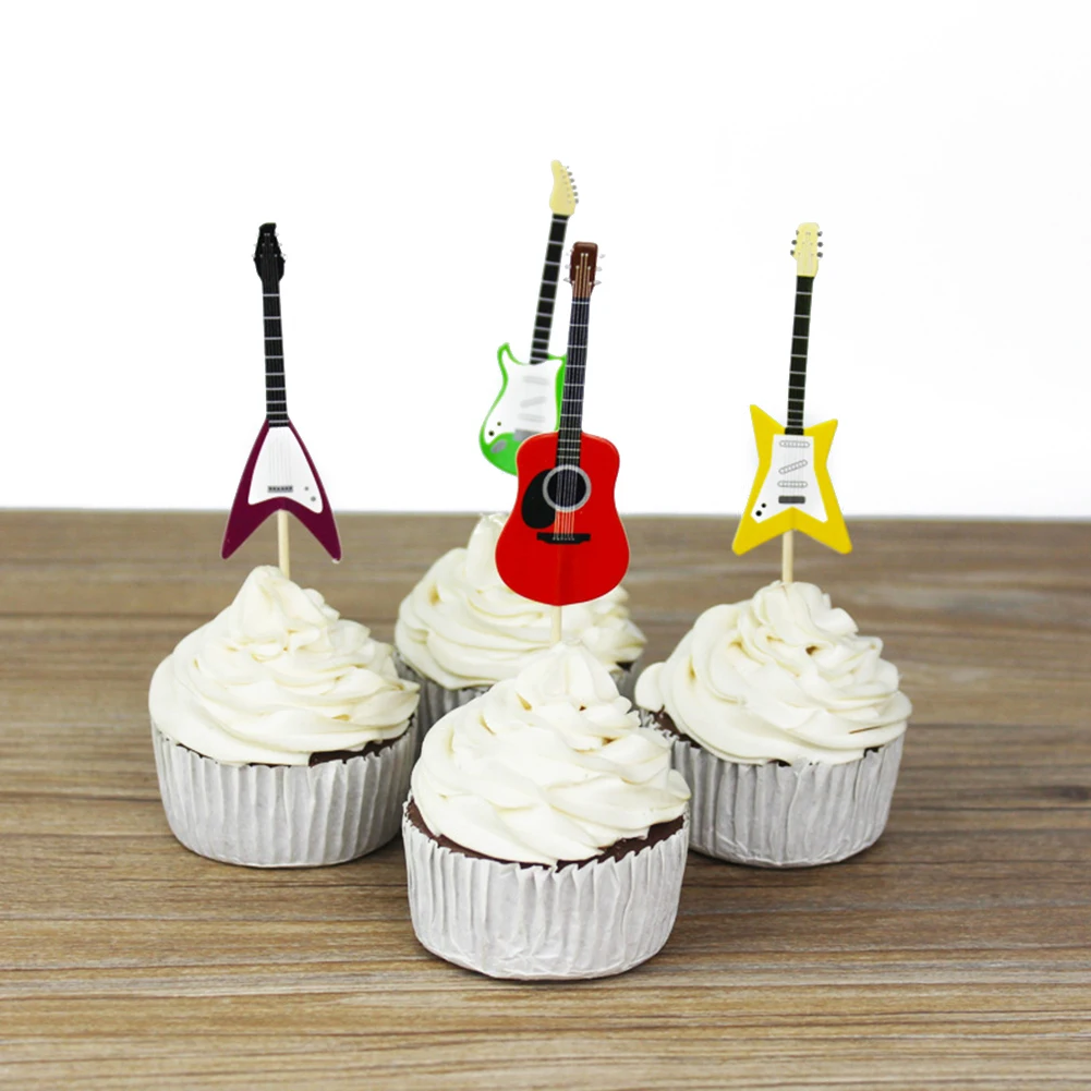 

24pcs Colored Four styles of guitar Insert Cards with Toothpick Cake Decorations for Wedding Birthday Party Cute Lovely G