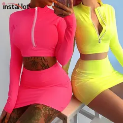 InstaHot молнии макет шеи юбка и топы Для женщин сексуальная Bodycon с длинным рукавом комплект из 2 частей осень спортивные комплекты леди 2018 Мода