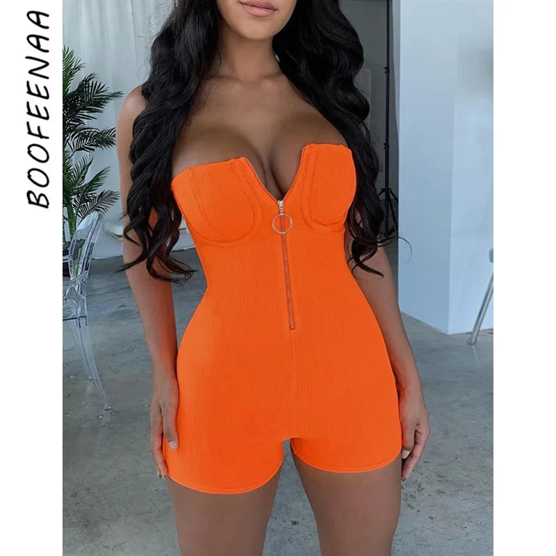

BOOFEENAA Zipper Up Tube Top Sexy Rompers Womens Bodycon Jumpsuit Orange Ribbed Knitted Fashion Clothes Club Playsuit C66-AZ17