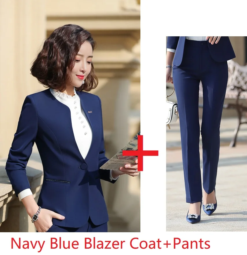 Navy Blue Формальная форма, дизайнерские женские деловые костюмы с брюками и пиджаками, пальто для дам, Офисная Рабочая одежда, брючные костюмы, женские блейзеры - Цвет: Navy Blue