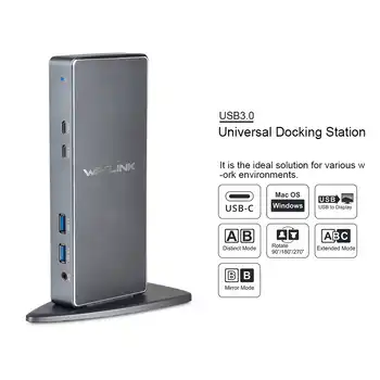 Wavlink Full HD 2048x1152 USB 3.0 Type-C USB-C Universal Docking Station+RJ45/DVI/HDMI/VGA/MIC/Audio Port DisplayLink FOR LAPTOP