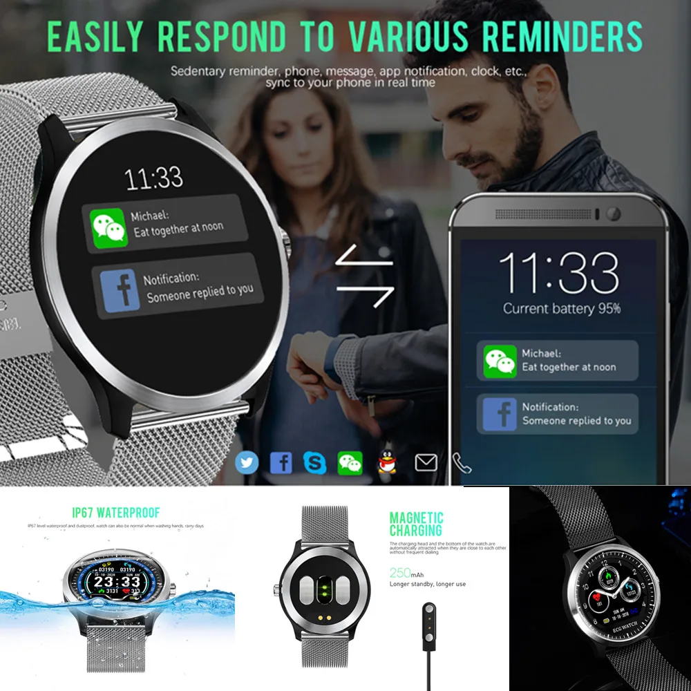 Beseneur ECG Смарт часы PPG монитор сердечного ритма Bluetooth кровяное давление умные для
