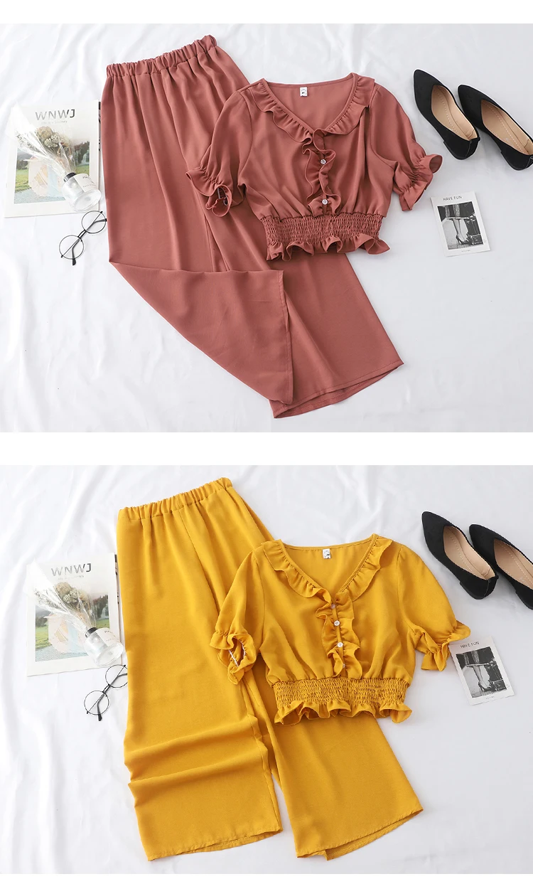 ALPHALMODA, летняя Женская Повседневная шифоновая короткая блузка+ широкие брюки с высокой талией, 2 шт, одноцветные костюмы, комплект из двух предметов