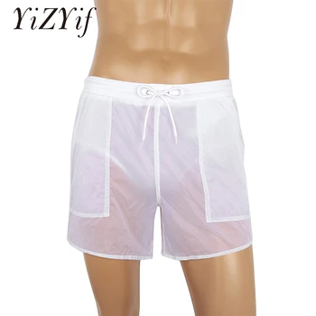 

Men Swim Trunks Swimwear Shorts Elastic Waist Pure Color See-Through Drawstring Quick Dry Beach Shorts with Bulit-in Mesh Briefs