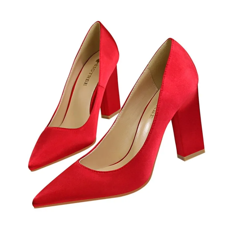 

ARQA Womens Essential Shoes Comfortable Slip on Satin Pointy Toe Block Heel Dress Pumps