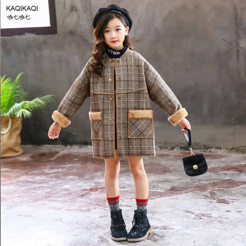2018 Winter Kids Fashion Long paid woolen Children Preppy Style Coat