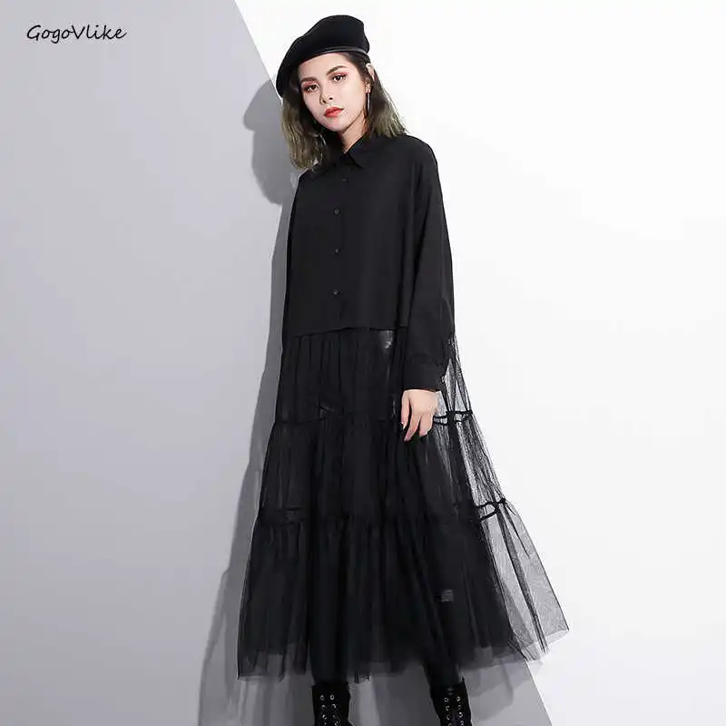 

Cool Tulle Spliced Dress Shirt Dresses 2019 Spring Women Black Loose Long Mesh Vestidos Special Design Mesh Patchwork LT069S50