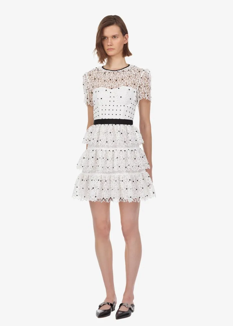 

New arrival women's vintage high-waist dress Chic white polka dot mini dress Sexy hollow-out dress A401