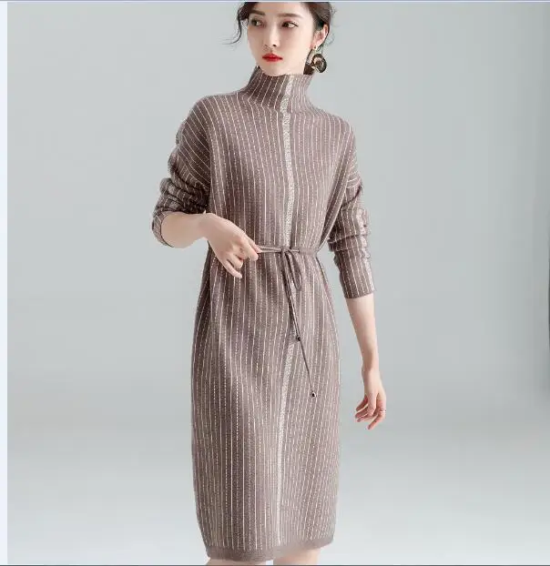 

New Women Fashion Striped Sweater Dress Autumn Winter Ladies Turtleneck Knit Dress