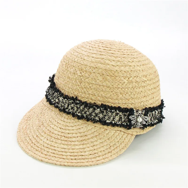 New Design Tweed Belt Raffia Baseball Caps Fashion Women Beach Hats With Bee Female Summer Straw Sun Visor Caps Wholesale - Цвет: black