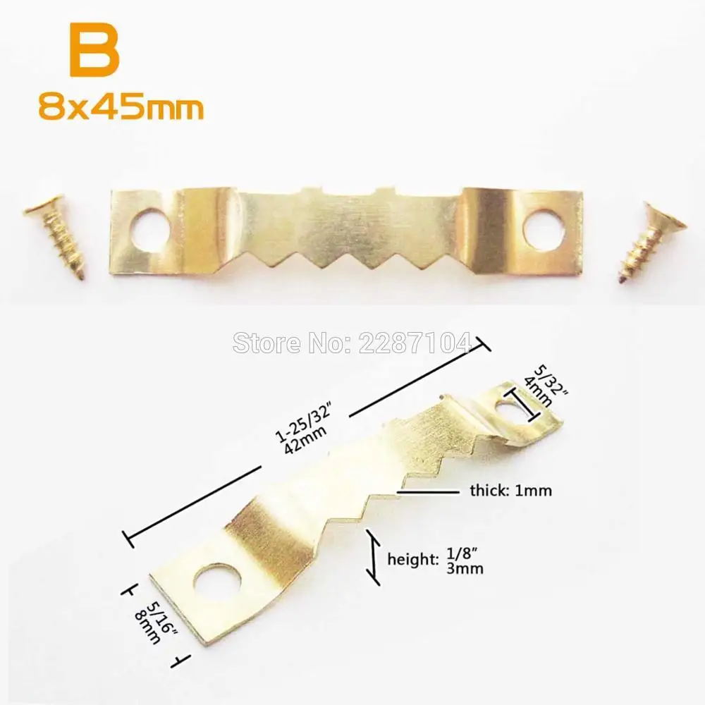 

50pcs Golden Saw Tooth Sawtooth Picture Photo oil Painting Mirror Frame Hanger Hook with screw B 8x45mm Furniture Accessories