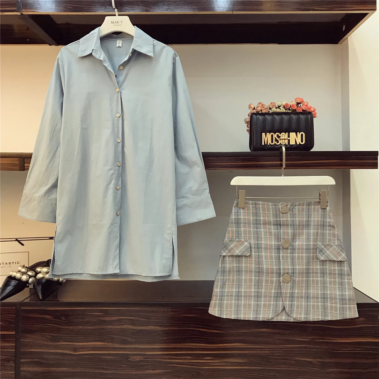 À Bleue Paquet Taille pièce Ciel 2019 Ensemble Ol Haute Manches Femmes Dames Hanche Jupe Pu Nouveau Longues Printemps Carreaux Deux Revers Chemise De Mini x7qTXwz7v