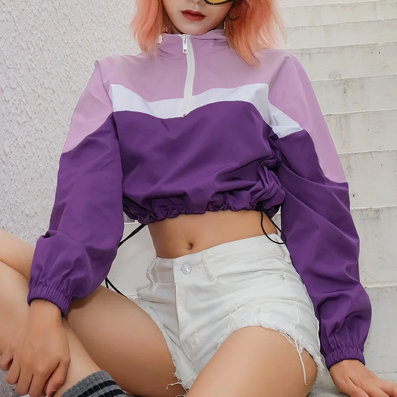 

Women Sexy Short Jackets Long Sleeve Turtleneck Colorblock Patchwork Spring Autumn Loose Casual Streetwear Female Top Jackets