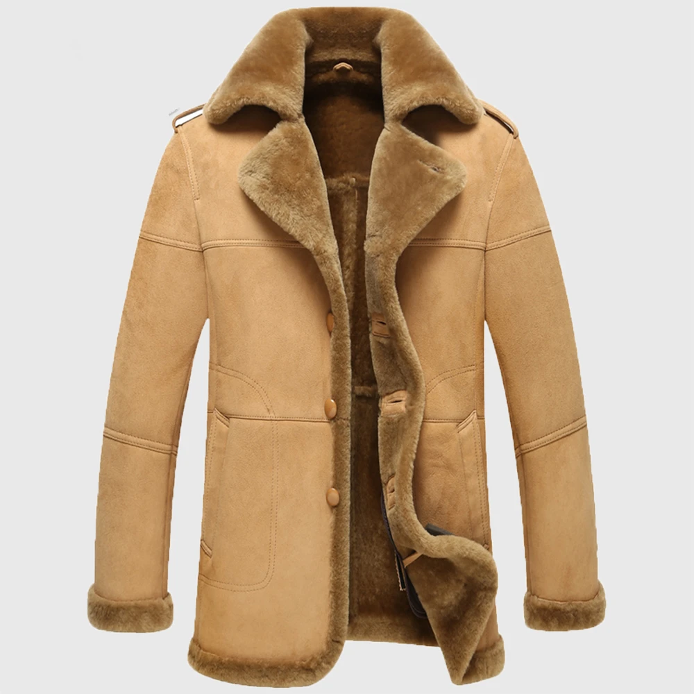 Winter men camel natural genuine leather lambskin shearling jacket coat