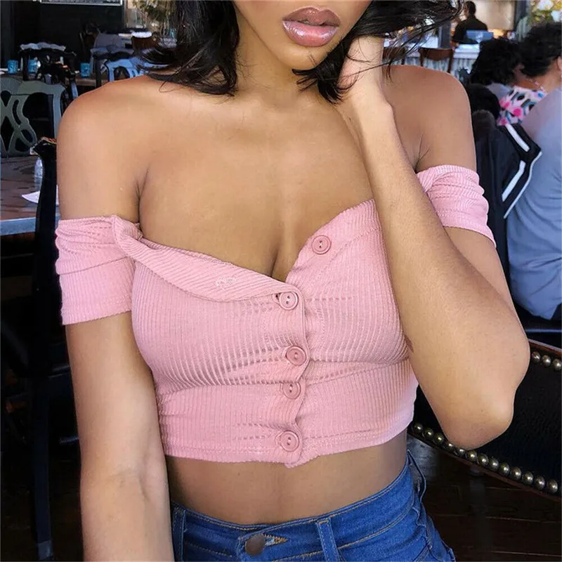 

2019 Hot Short Sleeves Tops Sexy Women Basic Cropped Tops Off Shoulder Slim Brand Fitting Tank Tops Corset Clubwear Blusa