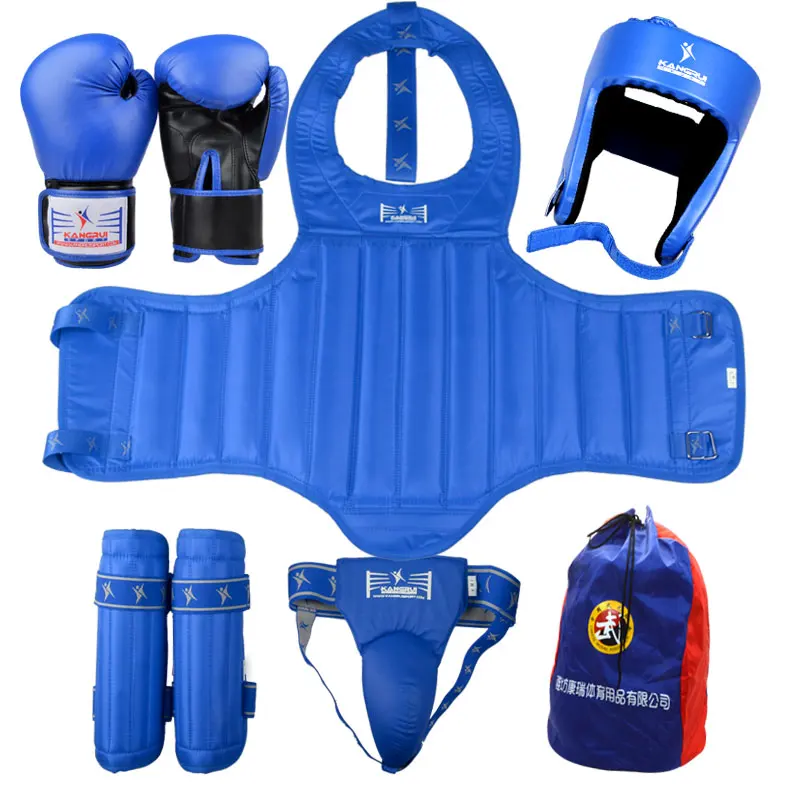 Высокое качество MMA кикбоксинг протекторы костюм синий цвет для мужчин женщин тхэквондо борьба грудь, голень паха протекторы шлем 5 шт - Цвет: 6pcs