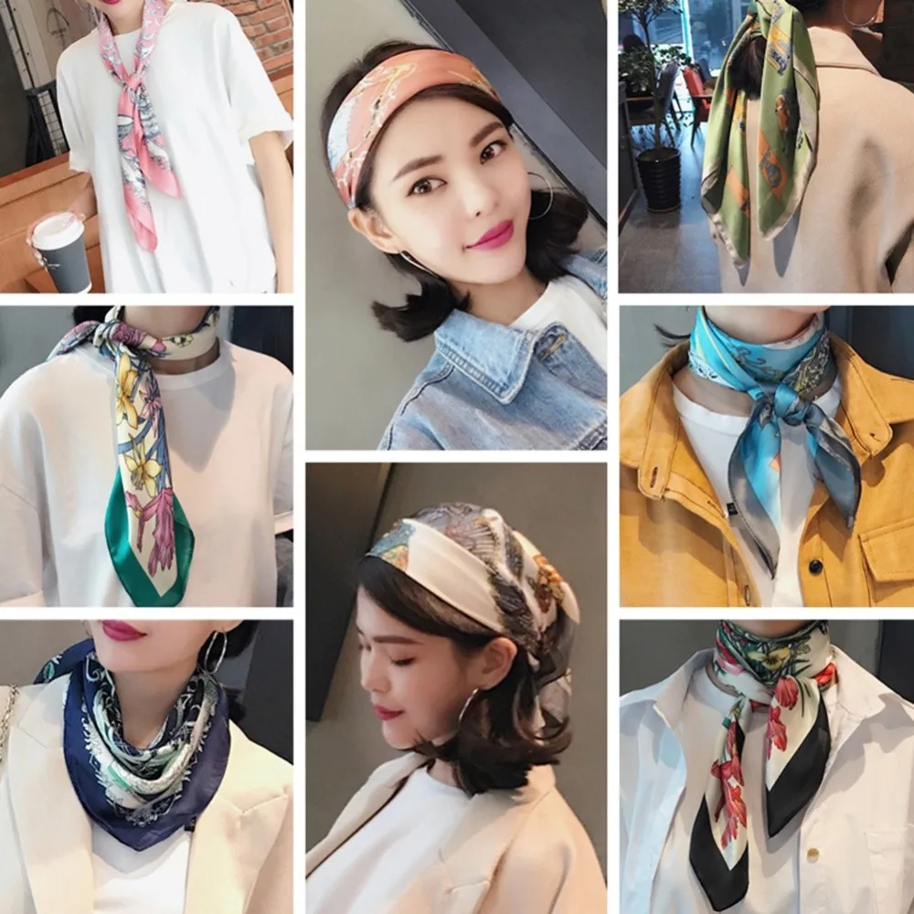 Elegant Women 70*70cm Square Silk Scarves Leopard Letters Soft Satin Scarf Retro Head Neck Hair Tie Band