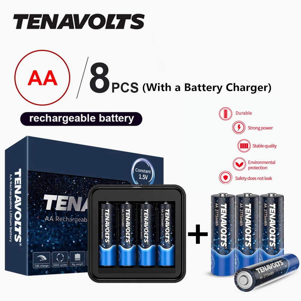 

NANFU 8 Pcs/Set with Battery Charger TENAVOLTS Pre-charged AA Rechargeable Battery 2775 mWh Lithium Li-ion 2Abatteries 1.5V