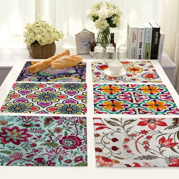 

1pcs Color Ethnic Pattern Cotton Linen Placemat Rectangular Indian Coaster Late Dinner Table Tableware Decoration 42x32cm