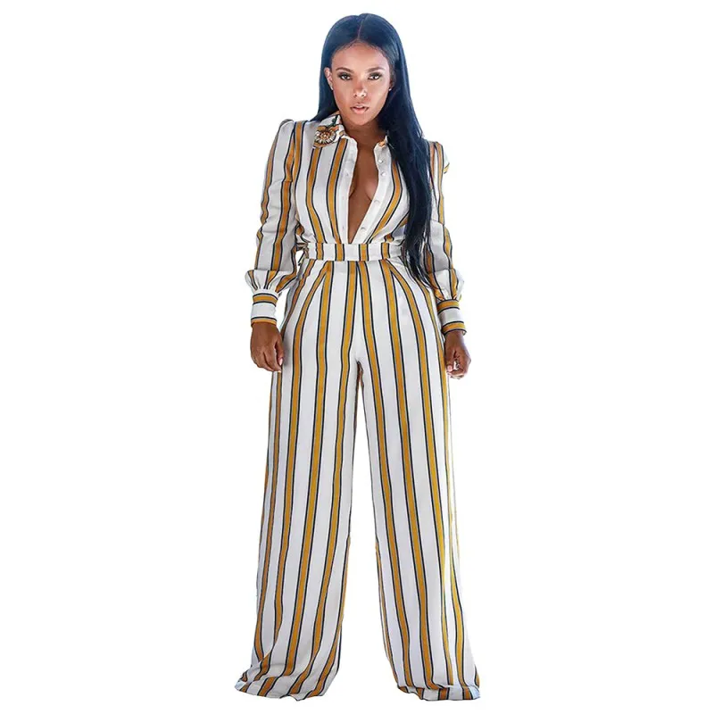 Fashion Autumn Women Loose Sexy Jumpsuits Deep V Neck Striped Long ...