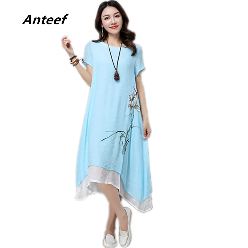 

cotton linen vintage floral print plus size women casual loose long summer dress elegant vestidos clothes 2019 dresses