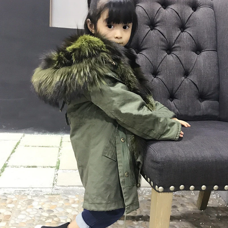 JKP/ г., зимнее Детское пальто с подкладкой из лисьего меха зеленого цвета в армейском стиле теплая детская куртка с воротником из меха скорпиона на толстой подошве для мальчиков и девочек