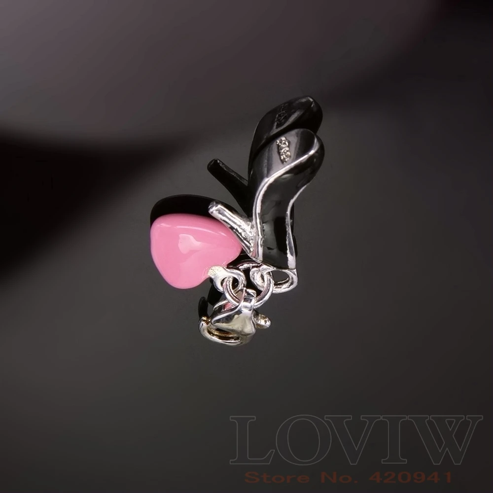 

German thomas sabor Rose Gold Pink & black enamelled High-heeled Sandal Heart Charms European Fine Jewelry For women girls NEW