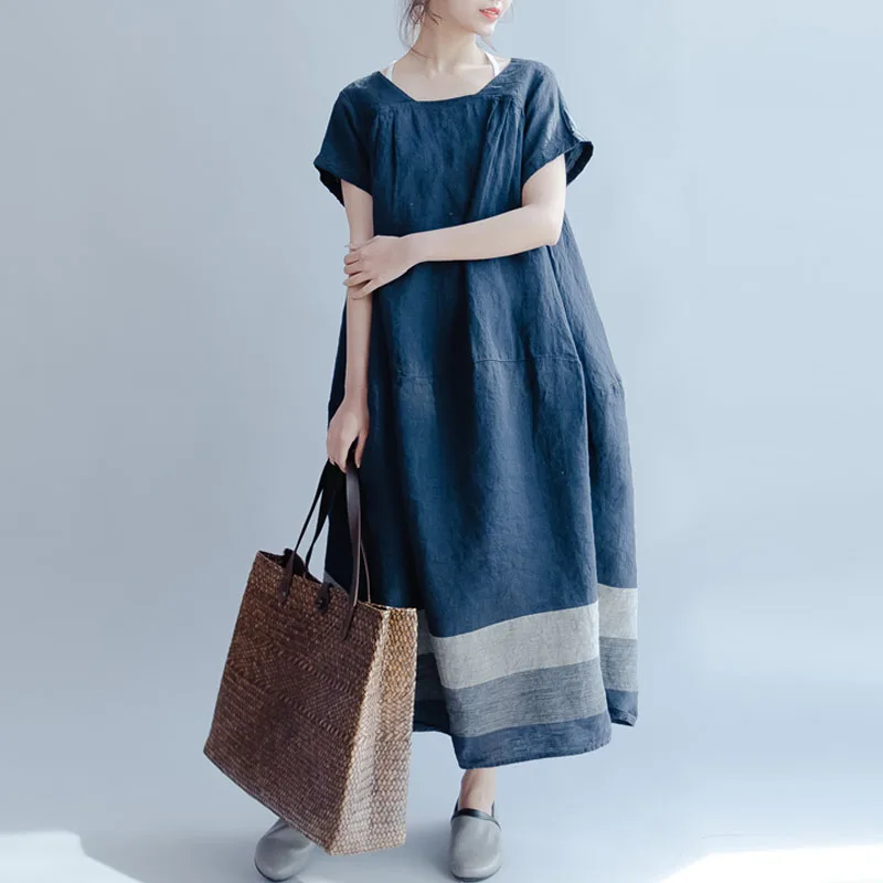

M-5XL ZANZEA Women Stripe Square Collar Short Sleeve Summer Baggy Cotton Linen Splice Work Long Vestido Vintage Party Midi Dress