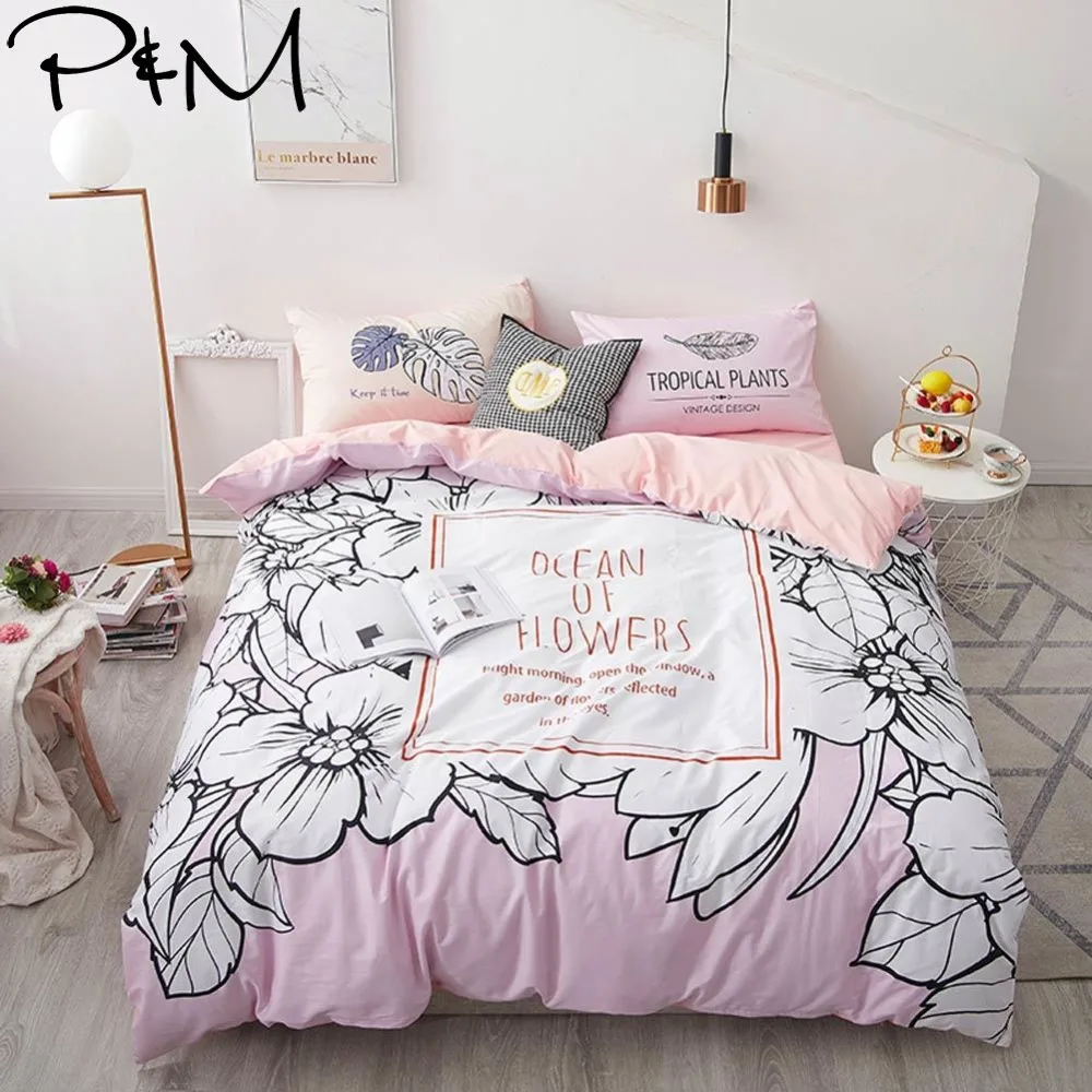 

2019 PAPA&MIMA White Flowers Pink 3/4pcs Bedding Set Bedlinens Twin Queen Size Cotton Bedsheet Duvet Cover Set Pillowcases