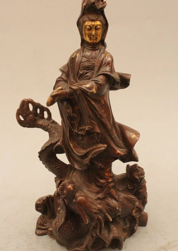 

9" Chinese Buddhism Bronze Stand Kwan-yin Guan Yin Goddess subdue Dragon Statue